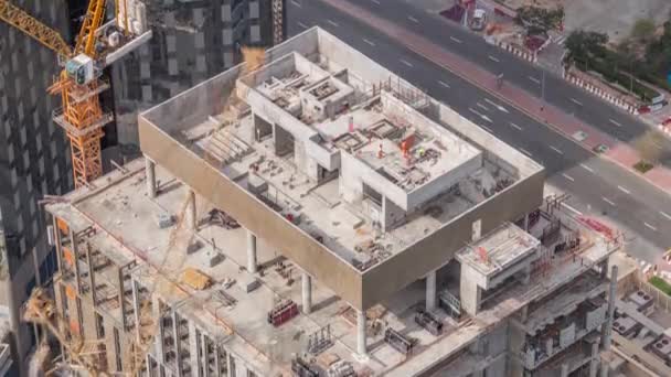 Вежі Крани Працюють Місці Будівництва Нового Хмарочосу Монолітного Офісу Висотних — стокове відео