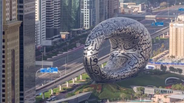 Dubai Legújabb Ikonikus Épülete Jövő Múzeuma Zayed Sejk Útszakaszon Közlekedés — Stock videók