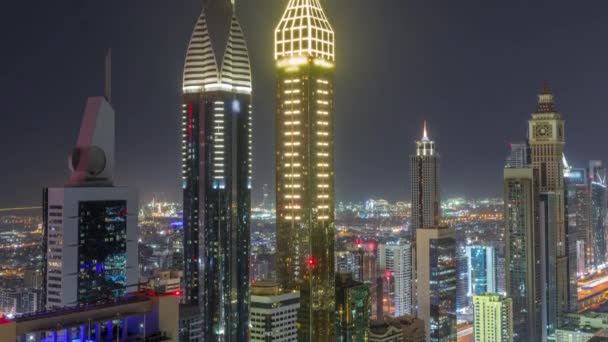 Skyline Zicht Hoogbouw Sheikh Zayed Road Dubai Gedurende Hele Nacht — Stockvideo