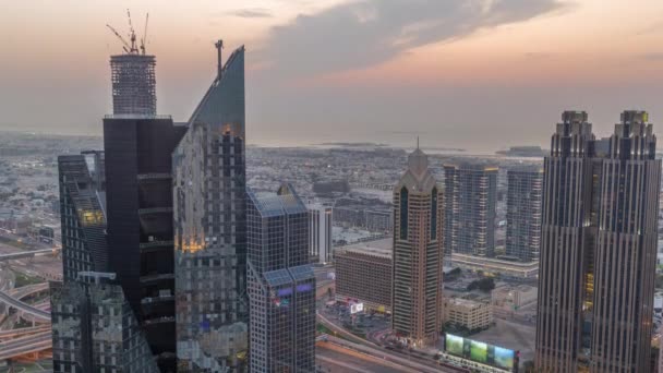 Edificios Gran Altura Sheikh Zayed Road Dubai Día Aéreo Noche — Vídeo de stock