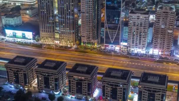 Здания Шейх Заид Роуд Дубае Ночью Воздушного Timelapse Оаэ Небоскрёбы — стоковое видео