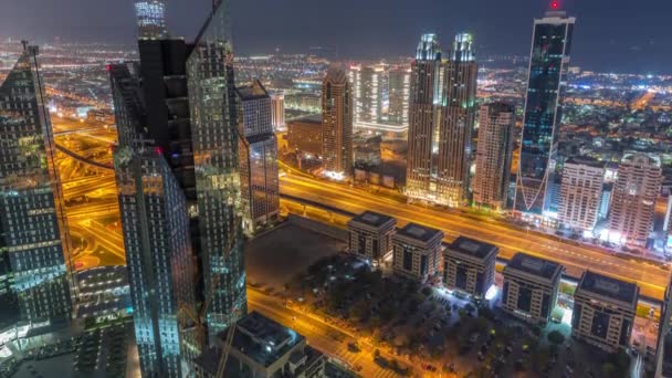Edificios Gran Altura Sheikh Zayed Road Dubái Noche Aérea Día — Vídeos de Stock