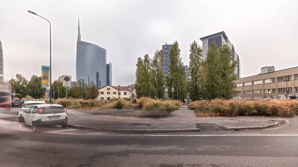 Panorama Showing Skyscrapers Towers Park Outumn Treea Green Lawn Timelapse — Stockfoto