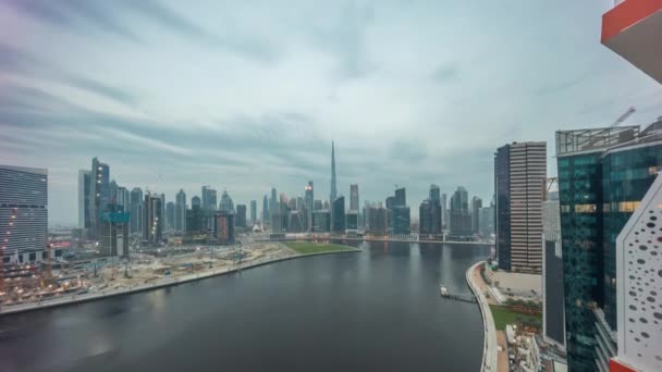 Aerial Skyline Dubai Business Bay Downtown Különböző Felhőkarcolók Tornyok Mentén — Stock videók