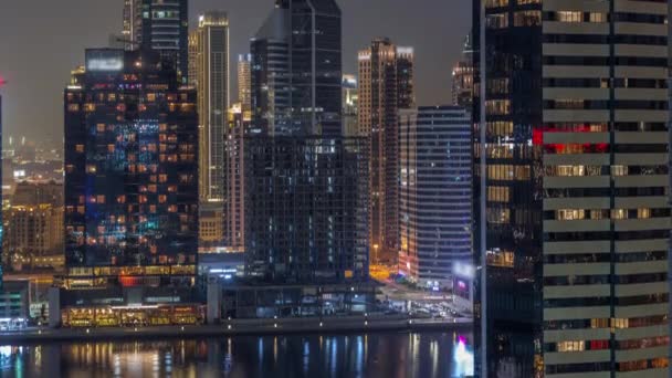 Вид Воздуха Дубайский Деловой Залив Центр Города Различными Небоскребами Башнями — стоковое видео