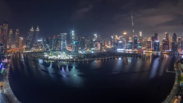 Légi Panoráma Dubai Business Bay Downtown Egész Éjjel Különböző Felhőkarcolók — Stock videók