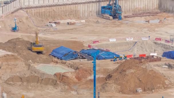 Pile Driving Foundation Pit Construction Apartment Complex Building Aerial Timelapse — Stock Video
