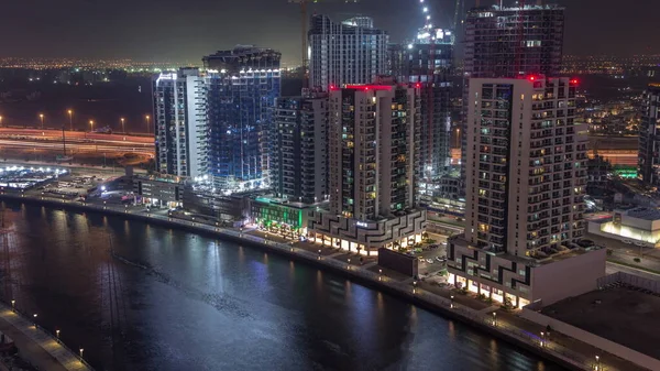 Башни Business Bay Воздушных День Ночь Переход Дубае Объединенные Арабские — стоковое фото