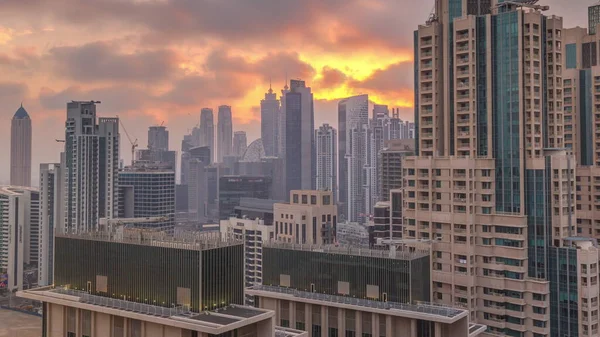 Dubai Wolkenkratzer Mit Goldenem Sonnenuntergang Über Dem Geschäftsviertel Luftaufnahme Von — Stockfoto