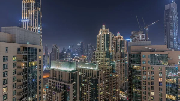 Воздушная Ночь Центре Дубая Городской Горизонт Бизнес Бухты Современными Небоскребами — стоковое фото