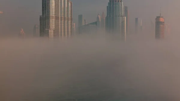 Flygfoto Över Dubai City Tidigt Morgonen Dimma Soluppgång Vid Futuristiska — Stockfoto
