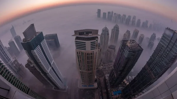 Rare Early Morning Winter Fog Sunrise Dubai Marina Jlt Skyline — Stock Photo, Image