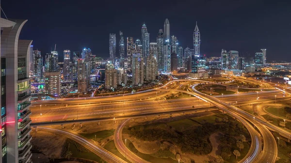 Panorama Dubai Marina Mostrando Noche Cruce Espaguetis Intersección Carreteras Rascacielos —  Fotos de Stock
