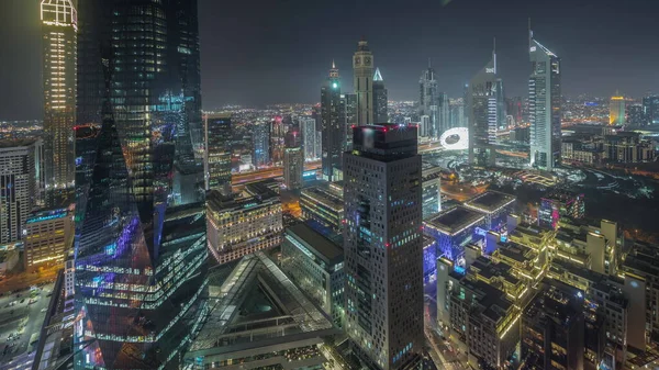 Panorama Mostrando Rascacielos Futuristas Centro Negocios Del Distrito Financiero Dubai —  Fotos de Stock