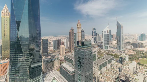 Panorama Que Muestra Muchos Rascacielos Futuristas Centro Negocios Del Distrito —  Fotos de Stock