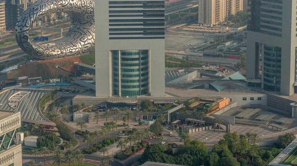 Dubai Dış Tasarım Müzesi Güneş Doğduktan Sonra Sabah Erkenden Havadan — Stok fotoğraf