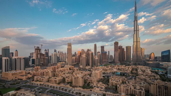 Dubai Downtown Night Day Transition Reflections Tallest Skyscraper Other Towers — Fotografia de Stock