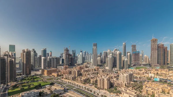 Panorama Ukazująca Zatokę Biznesową Centrum Dubaju Wieże Lotnicze Rano Widok — Zdjęcie stockowe