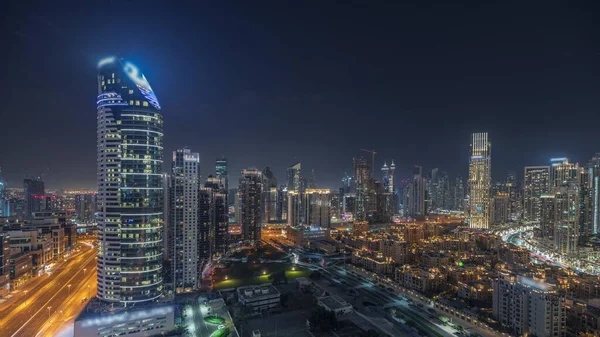Πανόραμα Δείχνει Dubai Downtown Και Επιχειρηματική Νύχτα Κόλπο Ψηλότερο Ουρανοξύστη — Φωτογραφία Αρχείου