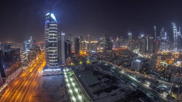 Panorama Baía Negócios Torres Centro Dubai Durante Toda Noite Aérea — Fotografia de Stock