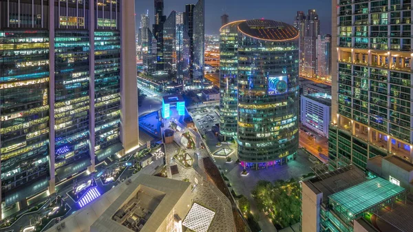 Dubajské Mezinárodní Finanční Centrum Mrakodrapy Letecký Den Noc Přechod Osvětlené — Stock fotografie