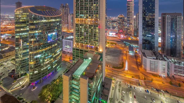 Международный Финансовый Центр Дубая Небоскребы Воздушный День Ночь Перехода Освещённые — стоковое фото