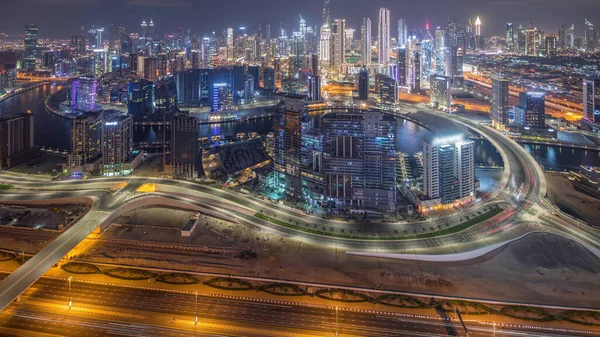 Panorama Que Muestra Horizonte Dubai Con Bahía Negocios Noche Del —  Fotos de Stock