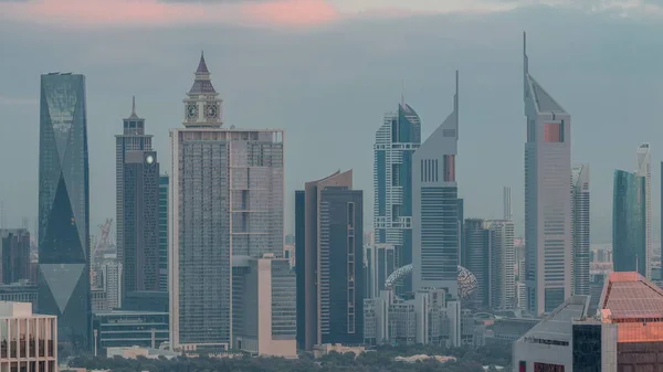 Řady Mrakodrapů Finanční Čtvrti Dubaje Leteckou Noc Den Přechodu Panoramatický — Stock fotografie