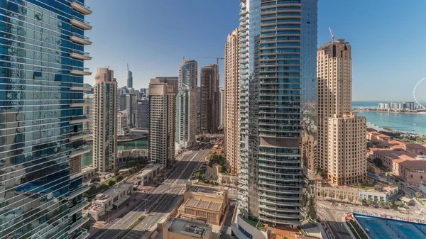 Панорама Показує Дубай Марина Район Jbr Знамениті Повітряно Золоті Піщані — стокове фото