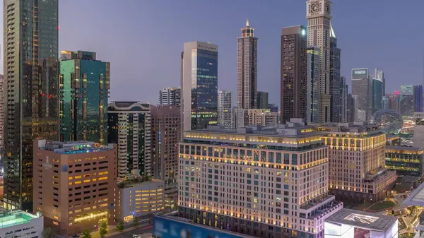 Dubai International Financial District Dia Noite Transição Vista Aérea Torres — Fotografia de Stock