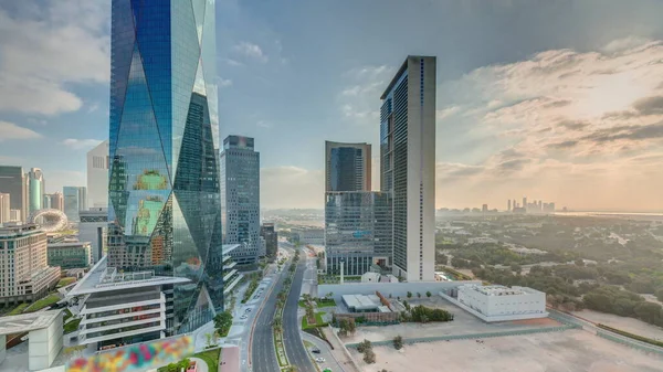 Sunrise Dubai International Financial District Transition Panoramic Aerial View Business — Stock Photo, Image