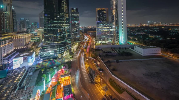 Panorama Che Mostra Dubai International Financial District Night Veduta Aerea — Foto Stock