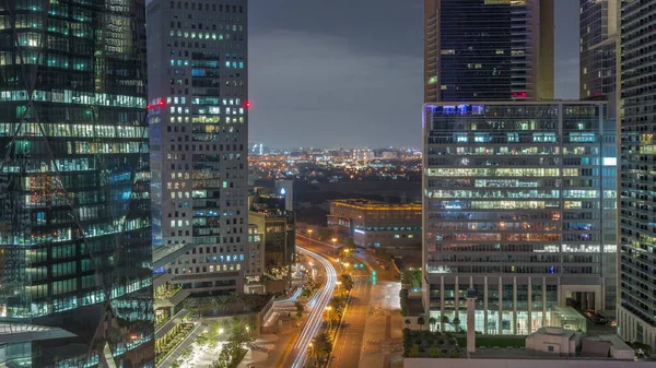 Dubai International Financial District Während Der Ganzen Nacht Luftaufnahme Von — Stockfoto