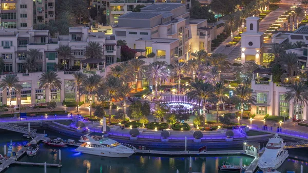 Picturesque Fountain Dubai Marina Promenade Aerial Day Night Transition Palm — Stock Photo, Image