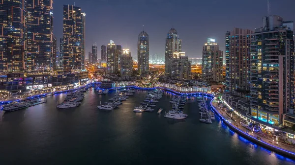 Luxury Yacht Bay City Aerial Day Night Transition Dubai Marina — Stock Photo, Image
