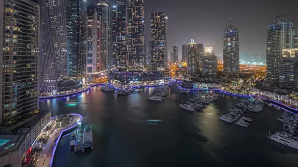 Panorama Showing Luxury Yacht Bay City Aerial Night Dubai Marina — Stock Fotó