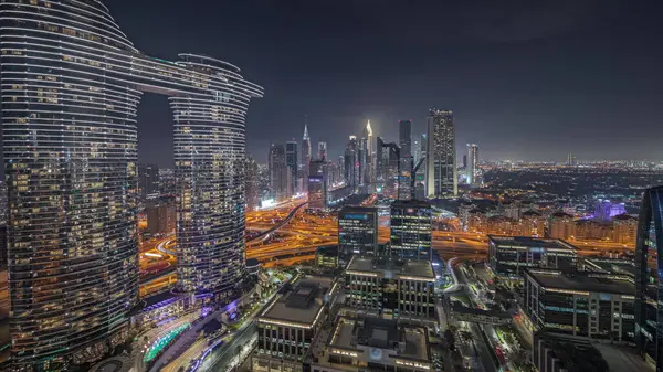 Panorama Mostrando Futurista Dubai Downtown Distrito Financeiro Skyline Noite Aérea — Fotografia de Stock