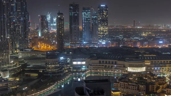 Dubai Centrum Met Fonteinen Moderne Futuristische Architectuur Antenne Gedurende Hele — Stockfoto