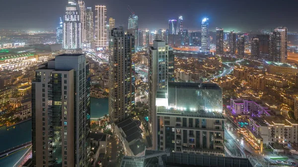 Aerial Tiew Wielkiego Futurystycznego Miasta Dzień Nocy Przejścia Dubaj Zjednoczone — Zdjęcie stockowe