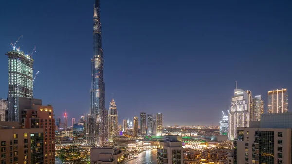 Dubai Belvárosi Panoráma Városkép Legmagasabb Felhőkarcolók Körül Légi Éjjel Nappal — Stock Fotó