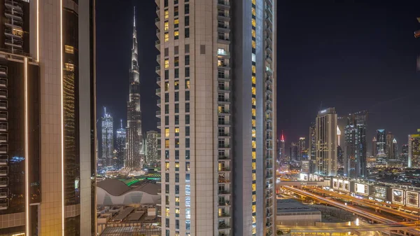 Panoráma Mutatja Legmagasabb Felhőkarcolók Során Föld Óra Belvárosában Dubai Található — Stock Fotó