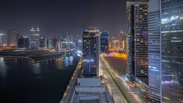Panorama Ukazująca Pejzaż Wieżowców Dubai Business Bay Antenową Nocą Nad — Zdjęcie stockowe
