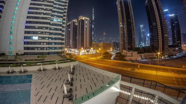 Luftpanorama Von Dubai Downtown Und Difc Wolkenkratzern Mit Viel Verkehr — Stockfoto