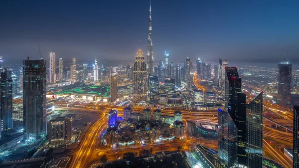 Панорамний Вид Найвищі Вежі Центрі Дубая Перехід Шосе Вдень Вночі — стокове фото
