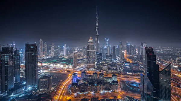 Панорама Демонструє Повітряний Вигляд Найвищих Веж Дубаї Горизонті Нічній Дорожній — стокове фото