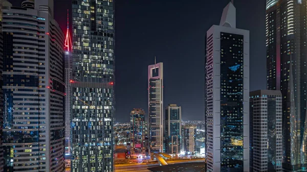Панорама Повітряним Видом Міжнародний Фінансовий Район Дубая Багатьма Освітленими Хмарочосами — стокове фото