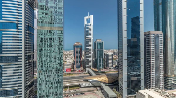 Panorama Leteckým Výhledem Dubajskou Mezinárodní Finanční Čtvrť Mnoha Mrakodrapy Provoz — Stock fotografie
