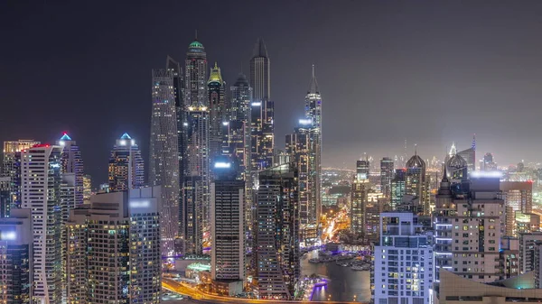 Dubai Marina Hava Sahasının Yüksek Bloğundaki Çeşitli Gökdelenlerin Görüntüsü Suni — Stok fotoğraf