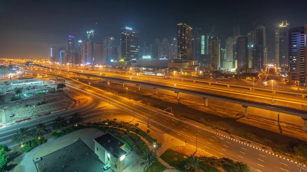 Dubai Marina Rascacielos Sheikh Zayed Carretera Con Metro Panorámica Aérea —  Fotos de Stock