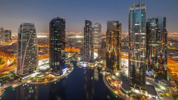 Tall Residential Buildings Jlt District Aerial Day Night Transition Panoramic — Stock Photo, Image